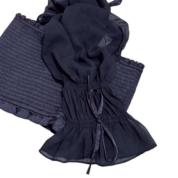 Urban Outfitters Black Smocked Crop Top Sheer Bubble Sleeve Blouse Medium - Picture 5 of 11